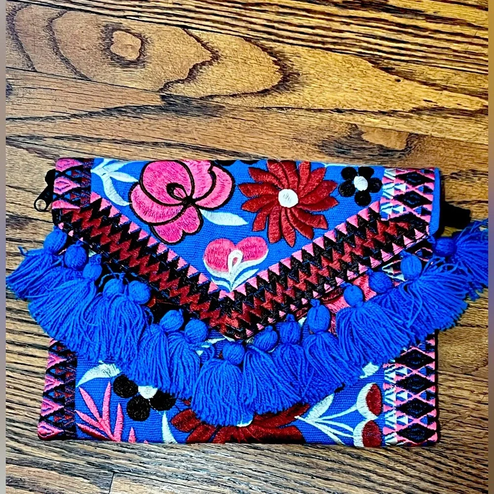 Floral Embroidered Clutch/Crossbody with Blue Tassels